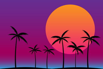 Naklejka premium Silhouette of gradient palm trees in 80s style on a black background. Tropical palms isolated. Summer time. Design for posters, banners and promotional items. jpeg image illustration 