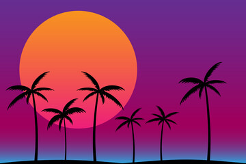 Fototapeta na wymiar Silhouette of gradient palm trees in 80s style on a black background. Tropical palms isolated. Summer time. Design for posters, banners and promotional items. jpeg image illustration 