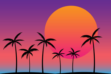 Fototapeta na wymiar Silhouette of gradient palm trees in 80s style on a black background. Tropical palms isolated. Summer time. Design for posters, banners and promotional items. jpeg image illustration 
