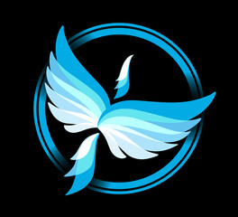 Circle frame with flying blue Phoenix icon. Ice and snow. Eagle, falcon vector image. Bird emblem, print or mascot