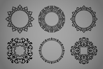 Set of decorative frames Elegant vector element for design in Eastern style, place for text. Floral black and gray borders. Lace illustration for invitations and greeting cards