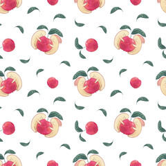 Worms on the red apple watercolor seamless pattern on white background