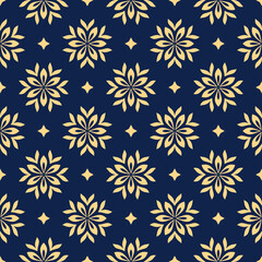 Flower geometric pattern. Seamless vector background. Gold and dark blue ornament. Ornament for fabric, wallpaper, packaging. Decorative print