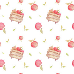 Seamless watercolor pattern of red apples. Bright fruits. Background for eco products, textiles, fabrics, paper.