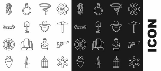Set line Hexagram sheriff, Revolver gun, Pickaxe, Lasso, Shovel, Kayak or canoe and paddle, Dream catcher with feathers and Western cowboy hat icon. Vector