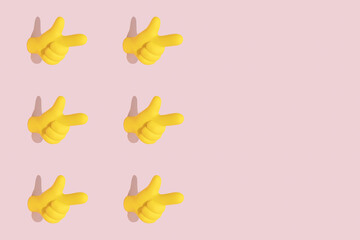 Bright yellow pointer symbol icon on pastel pink background. Hand gesture, attention or essence concept. Seamless pattern, isometric view.