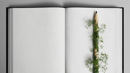 open mind imagine creative. Book white of fantasy stories. empty notebook with trees natural wooden pencil Botanical concepts, plants and green ecosystems. learning study of biology. 3D Illustration.