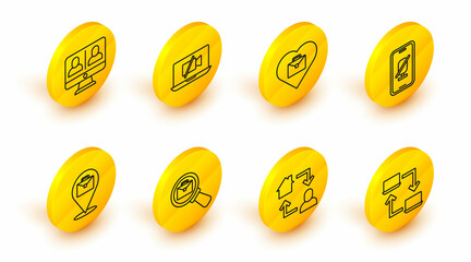 Set line Online working, Magnifying glass with briefcase, Mute microphone on mobile, Heart text, Video camera Off laptop and chat conference icon. Vector