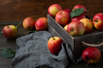 Red and yellow apples harvest in wooden crate fruits