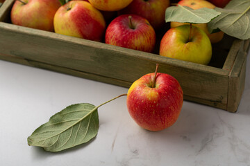 Red and yellow apples harvest in green wooden crate fruits organic food