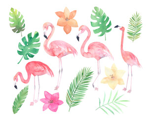 Obraz premium Watercolor palm leaves and flamingos set. Hand drawn isolated illustration on white background