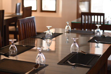 Selective focused shot of a dining table at a hotel