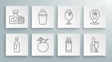 Set line Wine bottle, Cocktail shaker, Coconut cocktail, Bloody Mary, Champagne and glass, Glass of beer, Alcohol or bar location and Whiskey icon. Vector