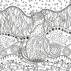 Abstract eastern pattern with cat on isolated white. Zentangle. Hand drawn abstract patterns on isolation background. Design for spiritual relaxation for adults. Black and white illustration