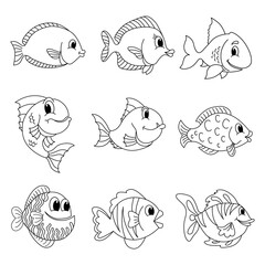 Cute fish set cartoon coloring page illustration vector. For kids coloring book.