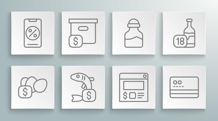Fototapeta na wymiar Set line Price tag for egg, Carton cardboard box with price, fish, Online ordering and delivery, Credit, Spice can, Wine bottle and Percent discount mobile icon. Vector