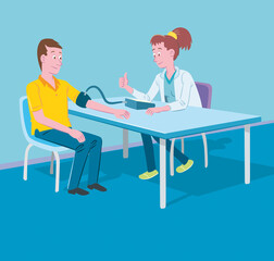 a female health care professional measuring a male patient's blood pressure