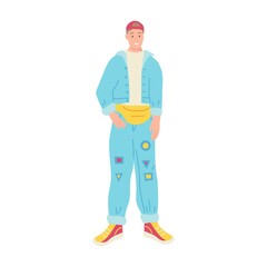 A man dressed in the style of the 90s. Nostalgia, street style, trend. Flat vector illustration