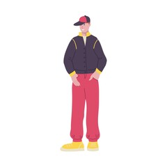 A man dressed in the style of the 90s. Nostalgia, street style, trend. Flat vector illustration