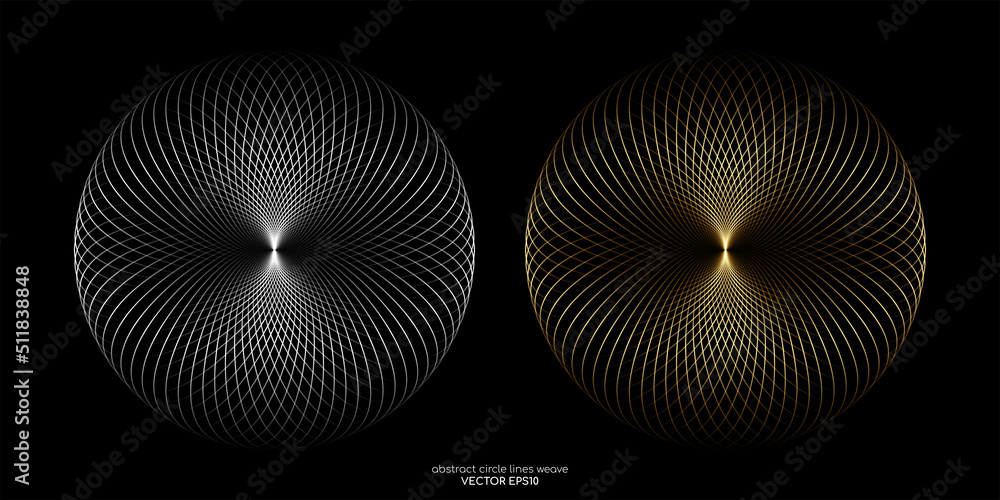 Aufkleber abstract circle shape weaving lines pattern silver and gold isolated on black background. vector ill