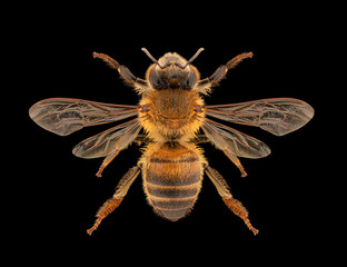 Western honey bee or European honey bee (Apis mellifera) entomology specimen with spreaded wings, legs and antennae isolated on pure black background. Studio lighting. Macro photography.  - Powered by Adobe