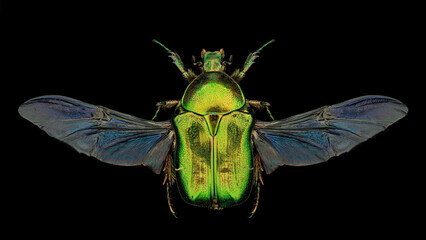 Green rose chafer (Cetonia aurata) entomology specimen with spreaded wings, legs and antennae...