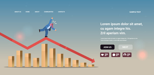 arab businessman standing on downward red arrow recession financial crisis bankruptcy concept