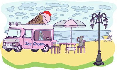 Illustration of a mouse in an ice cream truck. Pink, sea, beach, food court, eps ready for use. For your design