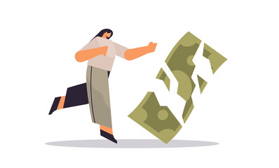 businesswoman with broken paper banknote financial crisis bankruptcy concept horizontal full length