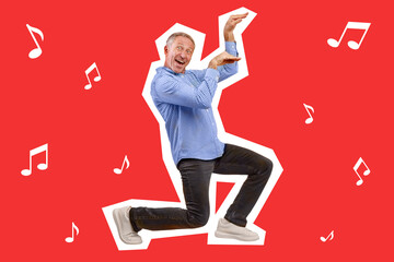 Funny senior man dancing over colorful background, collage