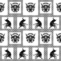 The Taurus Design in Black and White Fabric Seamless Pattern