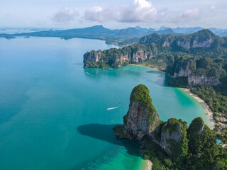 Railay Beach Krabi Thailand, the tropical beach of Railay Krabi, Drone aerial view of Panoramic...