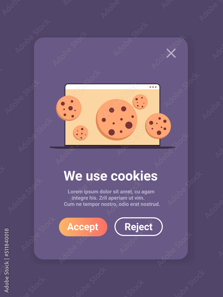 Poster protection of personal information internet web pop up we use cookies policy notification on laptop 