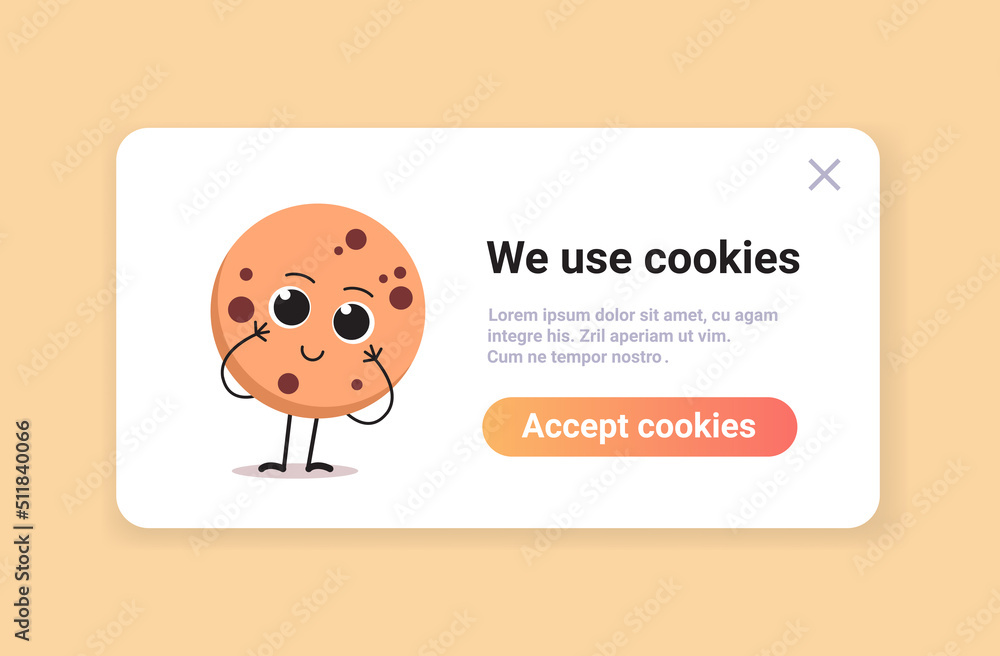 Poster protection of personal information cookie mascot character with internet web pop up we use cookies p