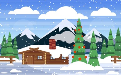 Winter landscape. Winter snowy background with house, mountains and trees. Cartoon flat vector illustration.