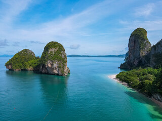 Railay Beach Krabi Thailand, the tropical beach of Railay Krabi, Drone aerial view of Panoramic...