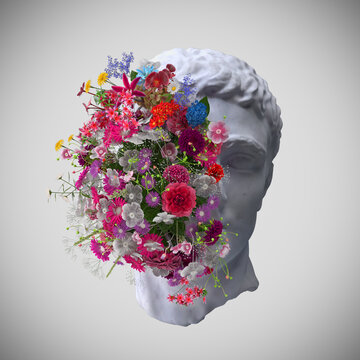 Abstract concept illustration from 3D rendering of classical head sculpture with colorful flowers burst isolated on grey background.