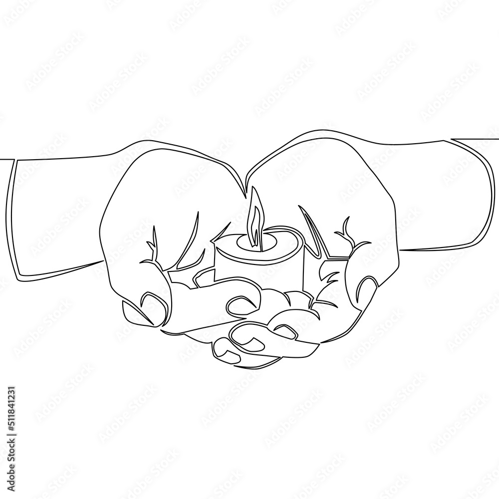 Wall mural Continuous line drawing Hand holds burning memory candle icon vector illustration concept