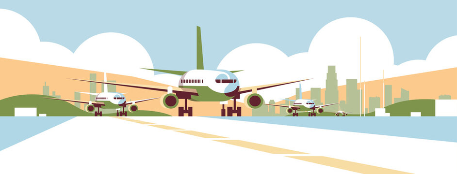 airport terminal with aircraft flying planes taking off international transportation traveling concept