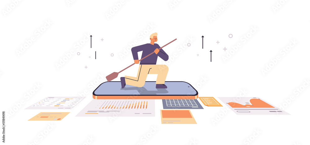 Poster businessman floating on smartphone man analyzing financial statistics data on mobile application
