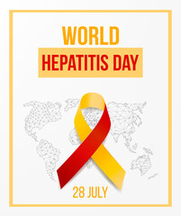 World hepatitis day concept. Banner template with red and yellow ribbon awareness, text and world map.