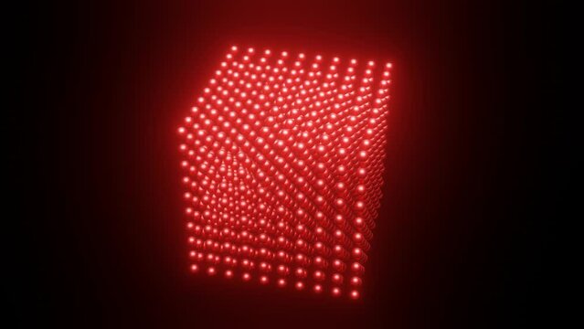 Cube from spheres 3d render. Abstract molecular structure in form of cube made from spheres. Holographic fan or screen video
