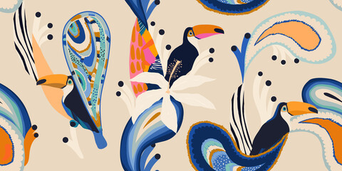 Modern abstract tropical paisley pattern with toucan. Collage contemporary seamless pattern. Hand drawn cartoon style pattern. © MURRIRA
