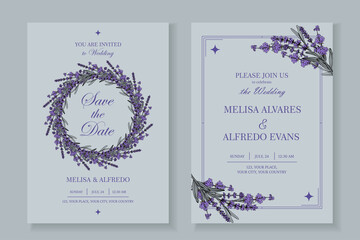 Elegant template of wedding invitation cards with Lavender Rustic decor. Vector illustration