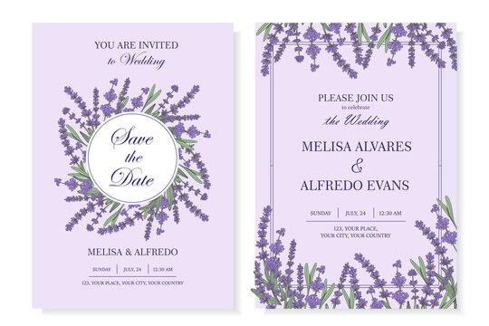 Elegant template of wedding invitation cards with Lavender Rustic decor. Vector illustration