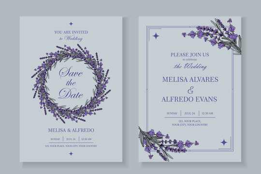 Elegant template of wedding invitation cards with Lavender Rustic decor. Vector illustration