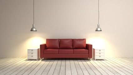 Sofa on the background of a white wall. Minimalistic office or apartment interior. Modern Scandinavian interior. Minimalistic interior of living space or office.
3D render.