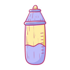 Baby drinking bottle with pacifier, vector isolated doodle illustration.