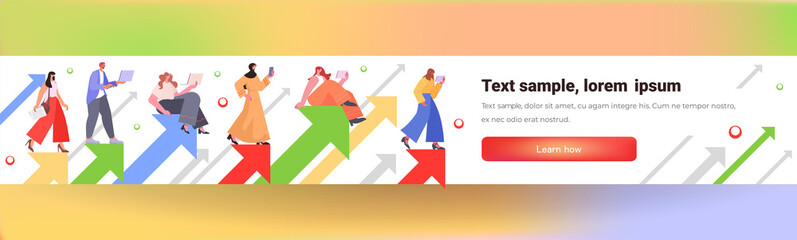 businesspeople using gadgets working on upward arrows teamwork financial growth business development concept