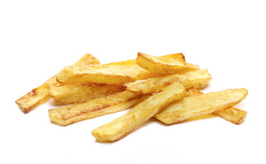 French fries pile, fried potato sticks isolated on white  